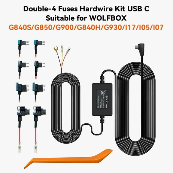 WOLFBOX USB C Acc Hardwire Kit for G850PRO/G840S/G900/G850/G930/G840H/i07/i17/X5/X3/X5DUO, Hard Wire Car Charger Cable Kit 12V- 24V to 5V for Dash Cameras with Battery Drain Protection