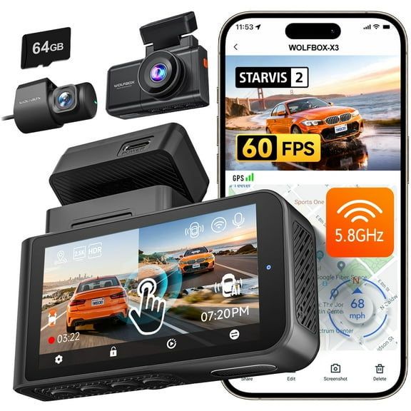 WOLFBOX X3 2.5K 1440P 60FPS Dash Camera, STARVIS 2 IMX675 with ADAS, 1440P+1080P Dual Dashcam Front and Rear Camera 5MP with Built-in 5.8GHz WiFi & GPS, 64GB Card, Touch Screen, G-Sensor, Loop Record