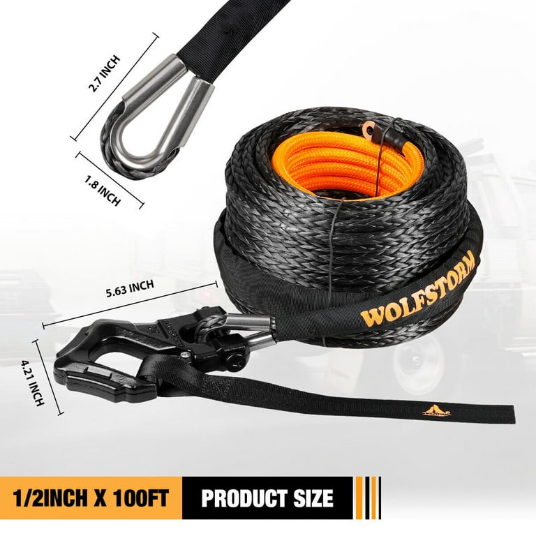 WOLFSTORM 1/2x100ft Synthetic Winch Rope Winch Line Cable w/Winch Hook for  Truck SUV Jeep