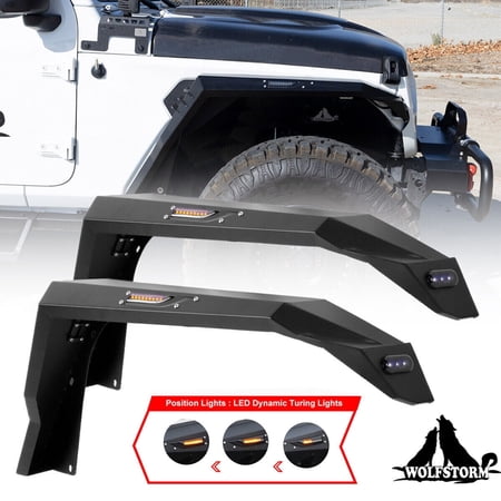 WOLFSTORM Front Fender Flares for 2018-2026 Jeep Wrangler JL JLU Powder Coated Steel Equipped With LED Sequential Turn Signal Lights And LED Side Marker Lights