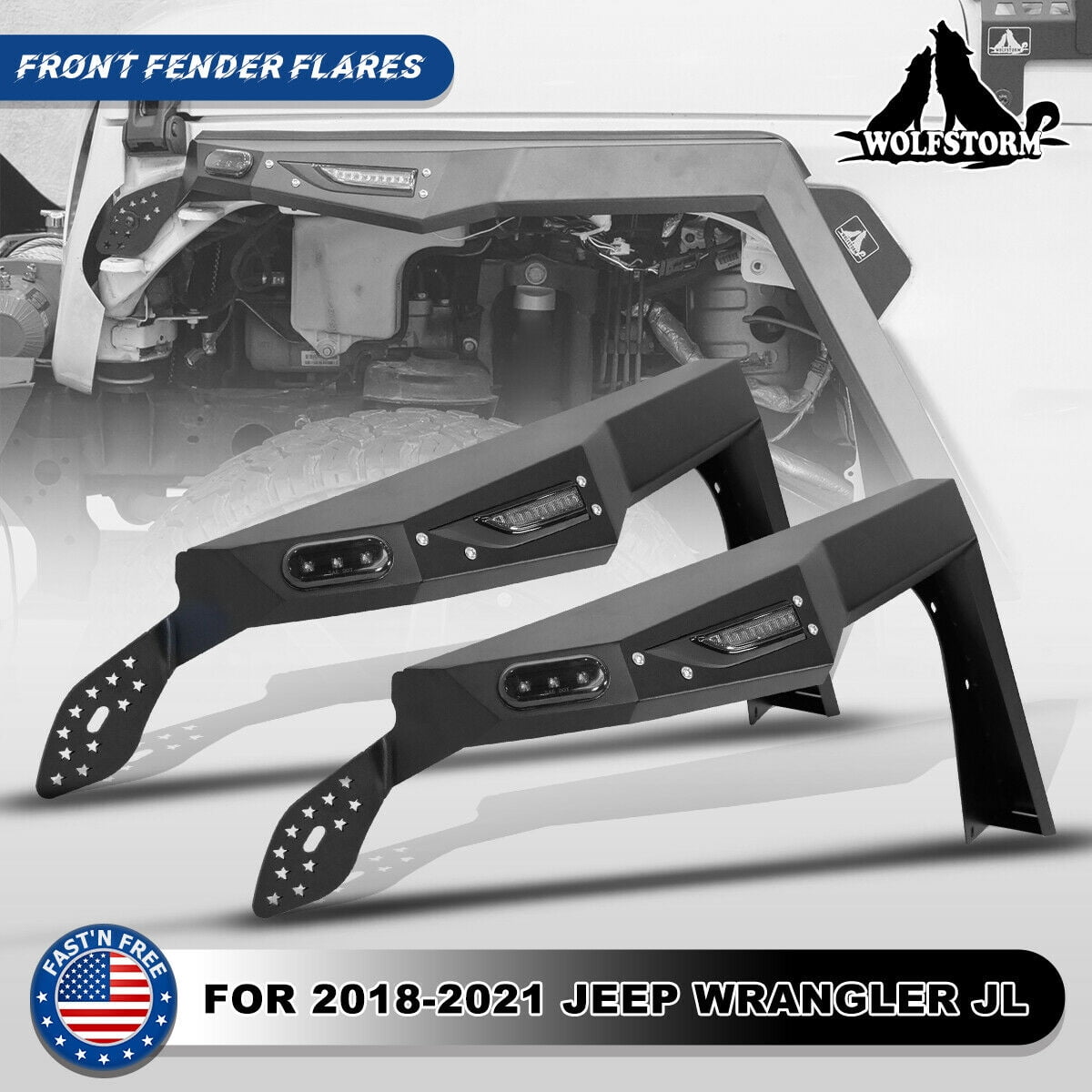 WOLFSTORM Front Fender Flares Fit for 2018-2021 Jeep Wrangler JL 4 Doors/2 Door,LED DRL Lights and Sequential LED Turn Lights,Jeep Wrangler JL/JLU Fender Flares Replacement Exterior Accessories