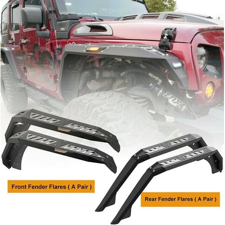 WOLFSTORM Front + Rear Fender Flares for 2007-2018 Jeep Wrangler JK JKU Duty Steel 2 Pair Equipped With LED Sequential Turn Signal Lights And LED Side Marker Lights