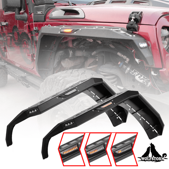 WOLFSTORM Front/Rear Fender Flares for 2007-2018 Jeep Wrangler JK Powder-Coated Steel Equipped with LED Turn Signal Lights & LED Side Marker Lights(2PCS Front Fender Flares)