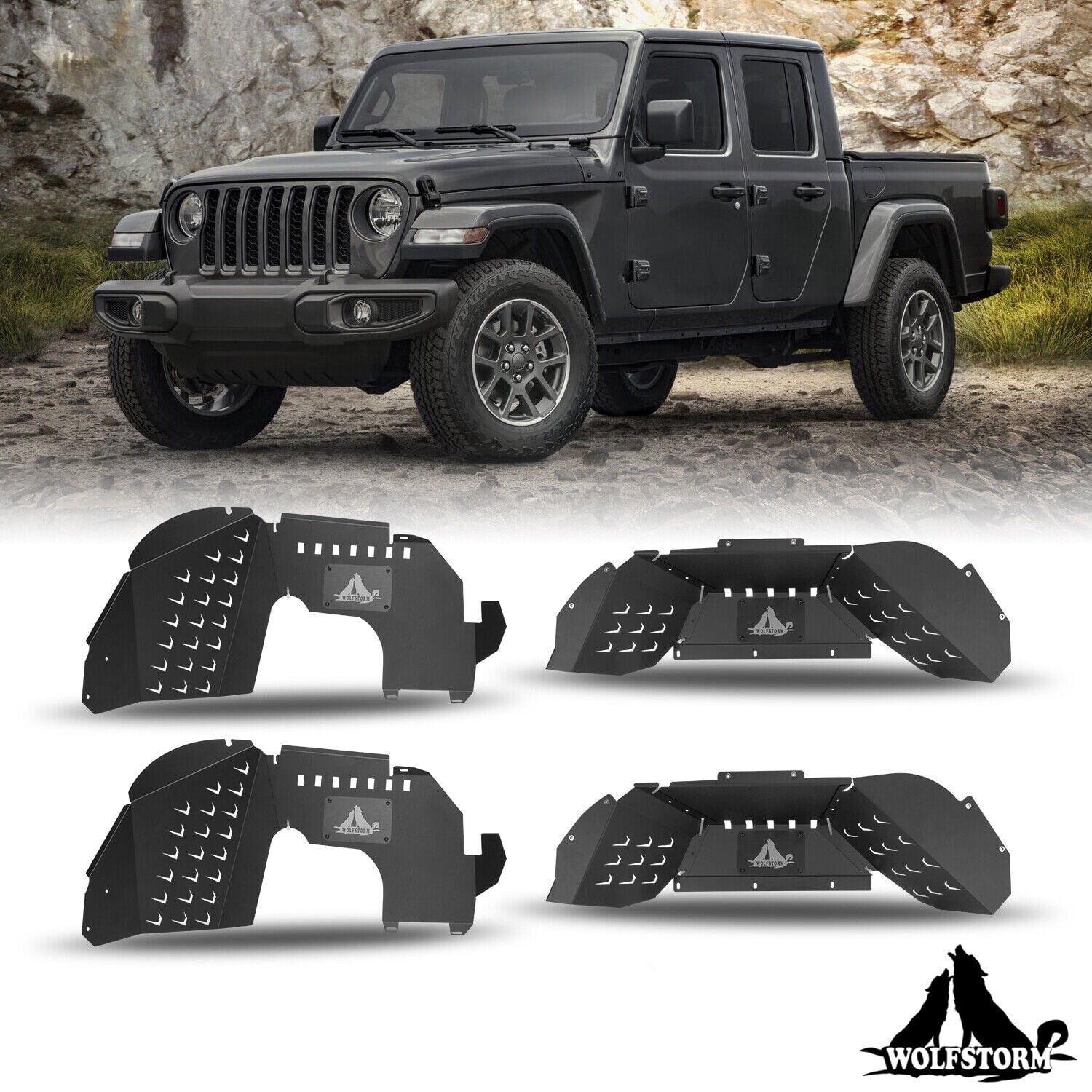 Wolfstorm Rear Inner Fender Liners For Jeep Wrangler JK 2007-2018 - 2-Piece Black Powder Coated Steel, Bolt-On