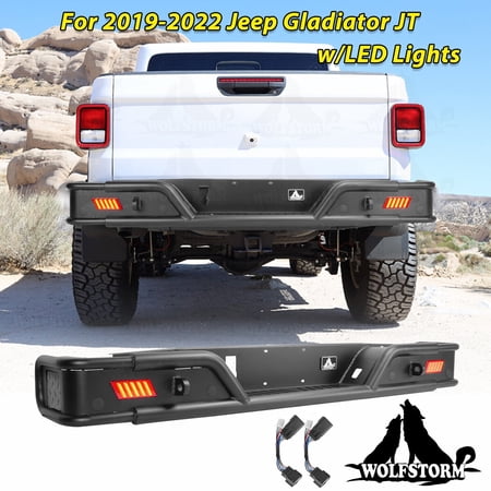 WOLFSTORM Rear Bumper w/ Brake Light for 2019-2026 Jeep Gladiator JT Black Powder Coated Steel