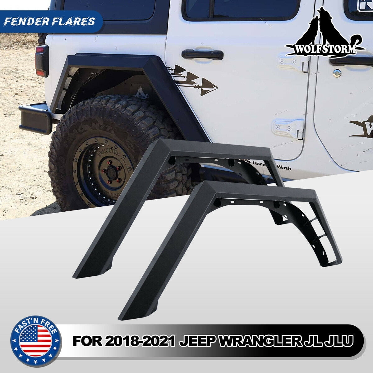 WOLFSTORM Rear Fender Flares Fit for 2018-2021 Jeep Wrangler JL 4 Doors/2 Door,LED DRL Lights and Sequential LED Turn Lights,Jeep Wrangler JL/JLU Fender Flares Replacement Exterior Accessories