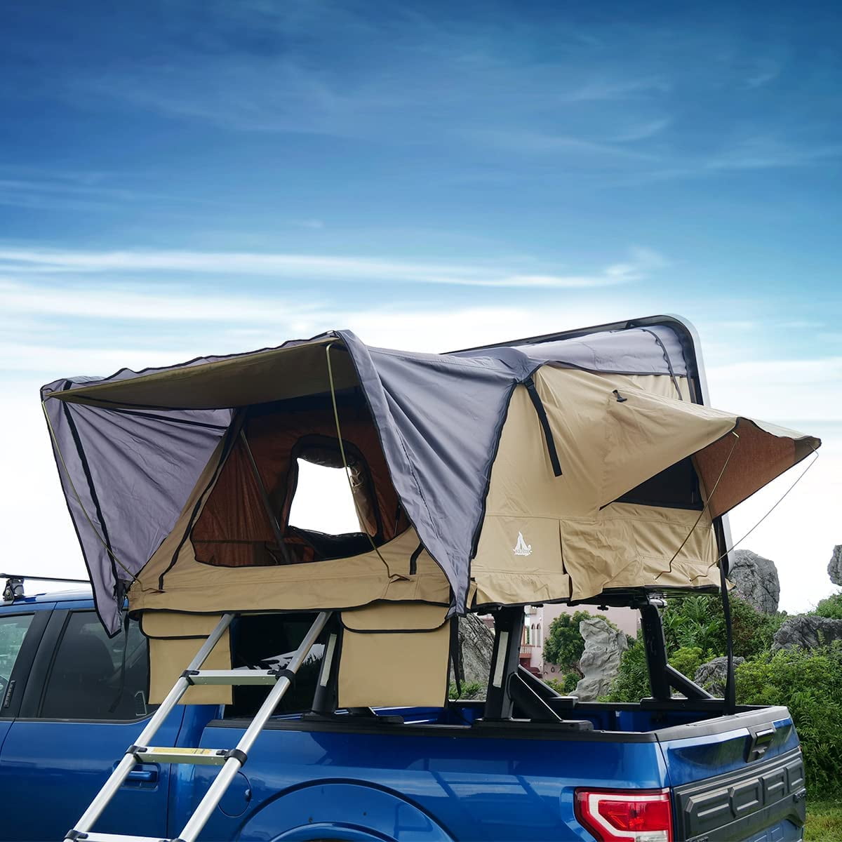 WOLFSTORM Universal HardShell Roof Top Tent Outdoor Camping Rooftop Tent Waterproof Tent with Ladder and Sunroof Off-Road Tent for 2-3 Adults Fit Truck SUV Camping
