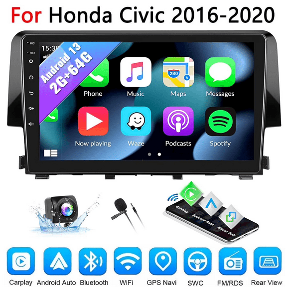 WOLFWO 4G+64G Android Car Stereo for Honda Civic 2016-2020 with Backup Camera & MIC, Wireless CarPlay Android Auto Mirror Link 9 Inch Touchscreen Bluetooth GPS Navigation WiFi FM