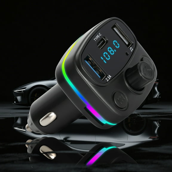 WOLFWO Bluetooth 5.0 FM Transmitter for Car, Bluetooth Car Adapter with Type-C Charger and USB Port, Support MP3 Player, Handsfree Calling, LED Light