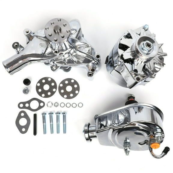 WOLFWO High Volume Chrome Aluminum Water Pump For SBC Chevy, Chrome Long Water Pump Power Steering Pump & Chrome Alternator 130W