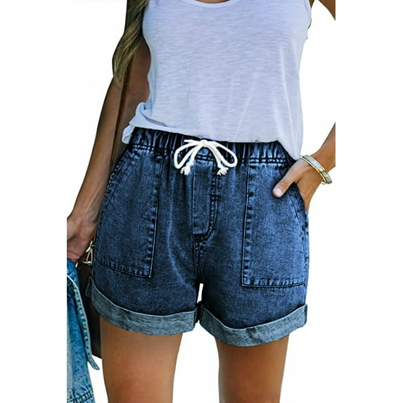 WOLFYKEJI Women Casual Summer Mid Waist Stretchy Denim Jean Shorts Junior Short Jeans Light Blue Shorts X-Large