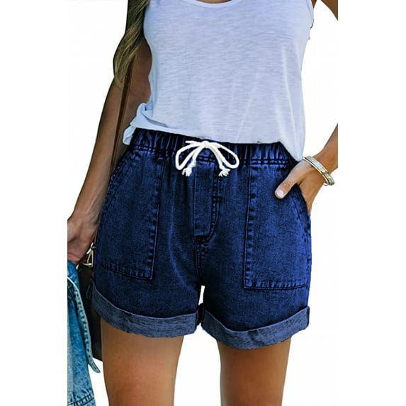 WOLFYKEJI Womens Jeans High Waisted Summer Trendy Drawstring Jeans Women Comfy Plus Size Jeans Stretchy Folded Hem Casual Bermuda Shorts for Women Dusty Blue X-Large