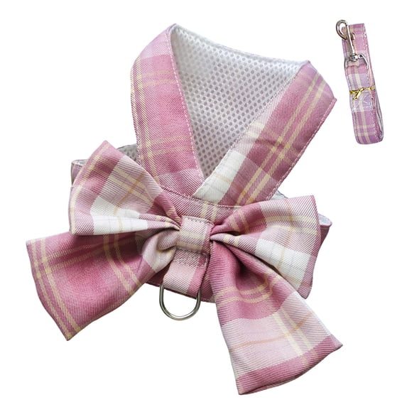 WOLIAUO Dog Harness and Leash Set, Cute Bow Tie Plaid Harnesses for Puppy Cat, Adjustable Pet Kitties Vest, Breathable Harness Traction Rope for Boy Girl Small Animal (M Pink)