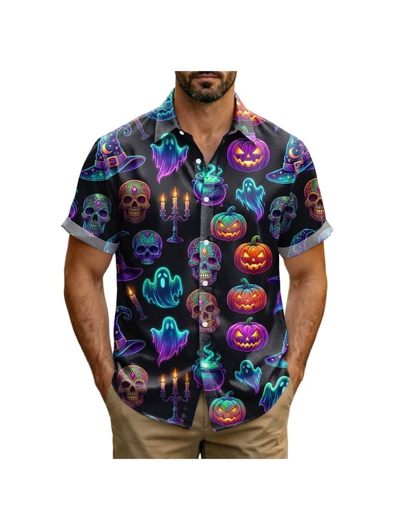 Halloween Shirts Halloween Costumes Vintage Horror Shirt for Men Skeleton Graphic Tees for Adult 2026 Holiday Fall Spooky Season 2XL Blue