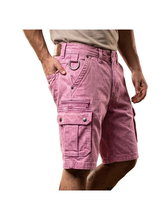 Men's Denim Cargo Shorts Cotton Twill Tactical Ripstop Hiking Shorts Below Knee Outdoor Construction Work Shorts M Hot Pink
