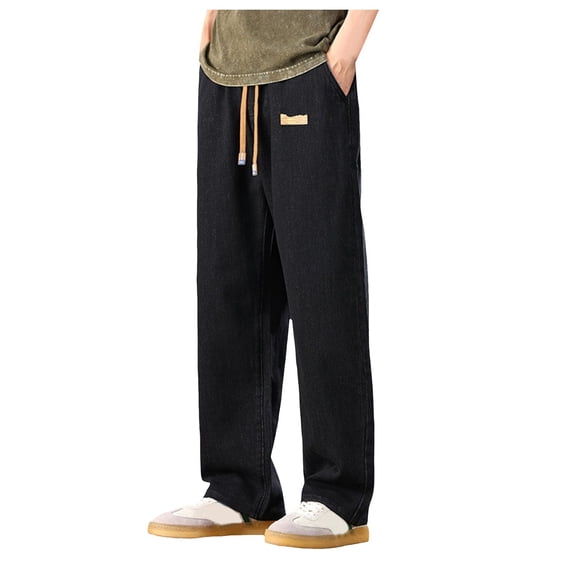 WOLIAUO Men's Wide Leg Jeans Straight Fit Drawstring Jeans Regular Fit Straight-Legs Denim Pants Pull On Mid Rise Carpenter Jean 2XL Black