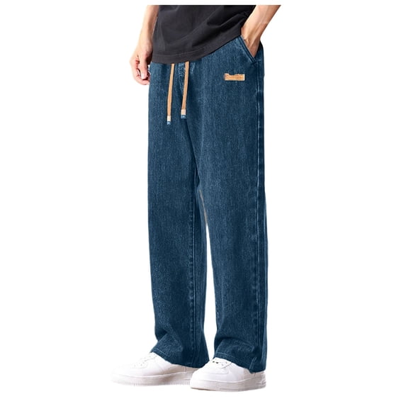 WOLIAUO Men's Wide Leg Jeans Straight Fit Drawstring Jeans Regular Fit Straight-Legs Denim Pants Pull On Mid Rise Carpenter Jean 2XL Blue