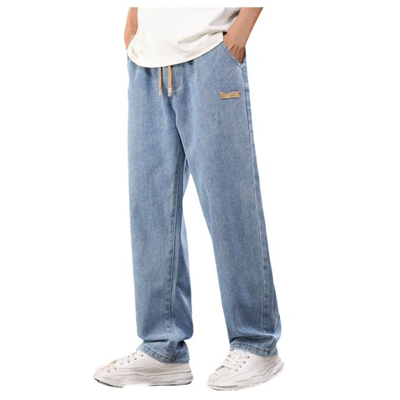 WOLIAUO Men's Wide Leg Jeans Straight Fit Drawstring Jeans Regular Fit Straight-Legs Denim Pants Pull On Mid Rise Carpenter Jean 3XL Light Blue