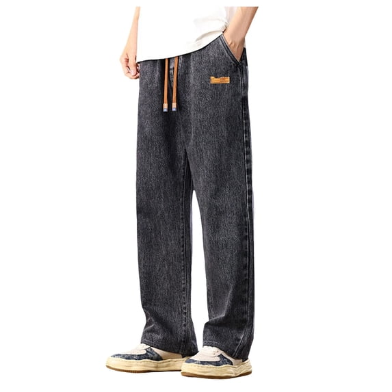 WOLIAUO Men's Wide Leg Jeans Straight Fit Drawstring Jeans Regular Fit Straight-Legs Denim Pants Pull On Mid Rise Carpenter Jean XL Grey