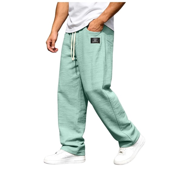WOLIAUO Mens Linen Cotton Pants Drawstring Waist Lightweight Loose Fit Straight Leg Casual Big and Tall Linen Pants Beach Travel (2XL Light Green)