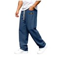 thumbnail image 1 of WOLIAUO Mens Linen Cotton Pants Drawstring Waist Lightweight Loose Fit Straight Leg Casual Big and Tall Linen Pants Beach Travel (5XL Navy), 1 of 4