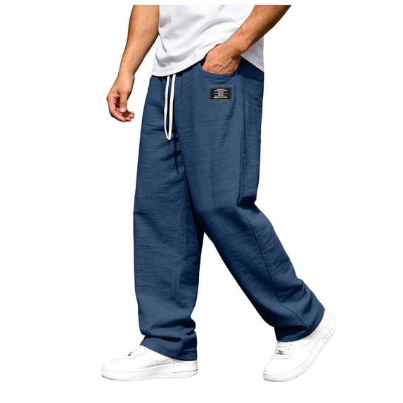 WOLIAUO Mens Linen Cotton Pants Drawstring Waist Lightweight Loose Fit Straight Leg Casual Big and Tall Linen Pants Beach Travel (5XL Navy)