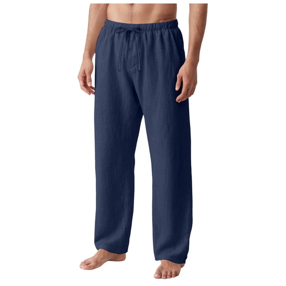 WOLIAUO Mens Linen Pants Summer Beach Pants Casual Loose Fit with Waist Drawstring Lightweight Vacation Clothing (2XL Navy)
