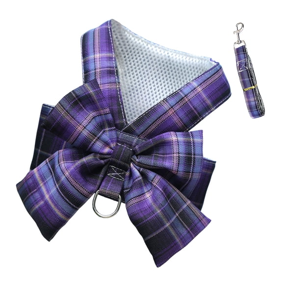 WOLIAUO Dog Harness and Leash Set, Cute Bow Tie Plaid Harnesses for Puppy Cat, Adjustable Pet Kitties Vest, Breathable Harness Traction Rope for Boy Girl Small Animal (XL Purple)