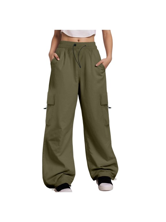 Women Y2K Cargo Pants, Wide Leg Baggy Pants Women,Lightweight Hip Hop Pants Streetwear with Drawstring L2 Army Green