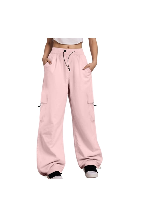 Women Y2K Cargo Pants, Wide Leg Baggy Pants Women,Lightweight Hip Hop Pants Streetwear with Drawstring L2 Pink