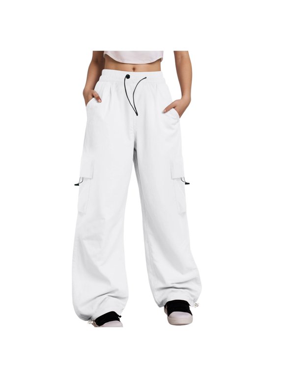 Women Y2K Cargo Pants, Wide Leg Baggy Pants Women,Lightweight Hip Hop Pants Streetwear with Drawstring L2 White