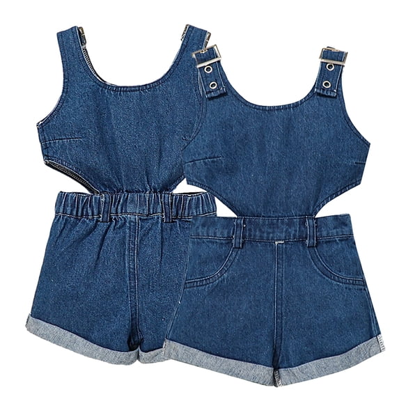 WOLLED 0-3Y Baby Girls Summer Demin Romper Shorts Outfits Newborn Sleeveless Halter Jumpsuit Playsuit One-Piece Sunsuit Overall Jeans Shorts Clothes Set
