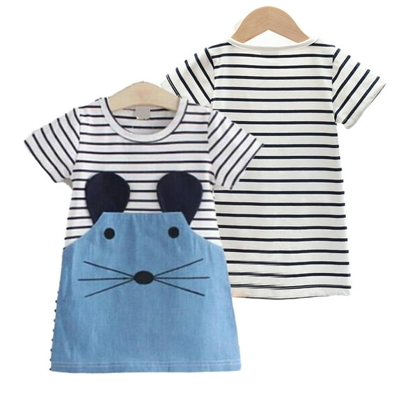 WOLLED 1-6 Years Girls Cotton Princess Dresses for Kids Baby Crewneck Striped A-Line Dress Toddler Summer Short Sleeve Sundress Dresses for Girls