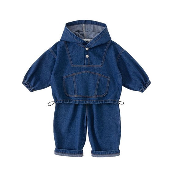 WOLLED 1-9Y Toddler Baby Boys Denim Jacket Set Sweatsuit Kids Hoodie Sweatshirt Two-Piece Set Solid Colours Tops and Trousers Spring Fall Denim Jacket Sweat