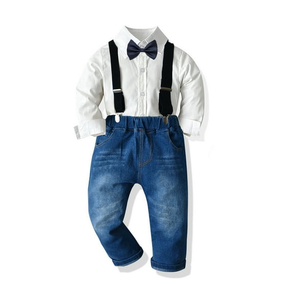 WOLLED 12M-8Y Baby Boys Dress Shirt Toddlers Long Sleeves Gentleman Outfit Button down Plaid Dress Shirt +bowtie + Suspender Pants Set Wedding Outfit Light Blue