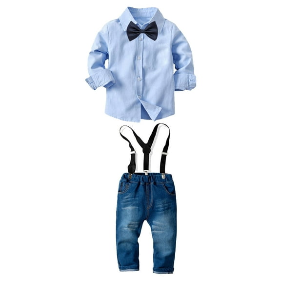 WOLLED 12M-8Y Baby Boys Dress Shirt Toddlers Long Sleeves Gentleman Outfit Button down Plaid Dress Shirt  bowtie   Suspender Pants Set Wedding Outfit Light Blue