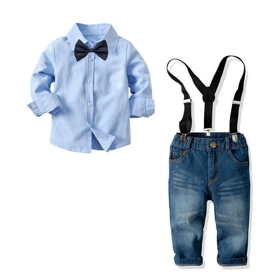 WOLLED 12M-8Y Baby Boys Dress Shirt Toddlers Long Sleeves Gentleman Outfit Button down Plaid Dress Shirt +bowtie + Suspender Pants Set Wedding Outfit Light Blue