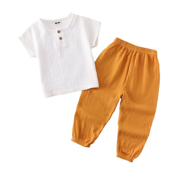 WOLLED 12M-8Y Toddler Kids Boys Girls Cotton Linen Short Sleeve Pullover Tops Long Pants Set Baby Summer Casual Solid Color Suit Outfit