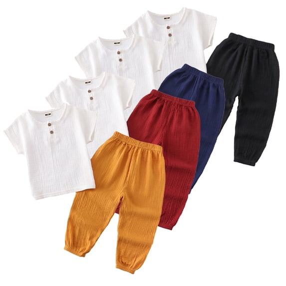WOLLED 12M-8Y Toddler Kids Boys Girls Cotton Linen Short Sleeve Pullover Tops Long Pants Set Baby Summer Casual Solid Color Suit Outfit