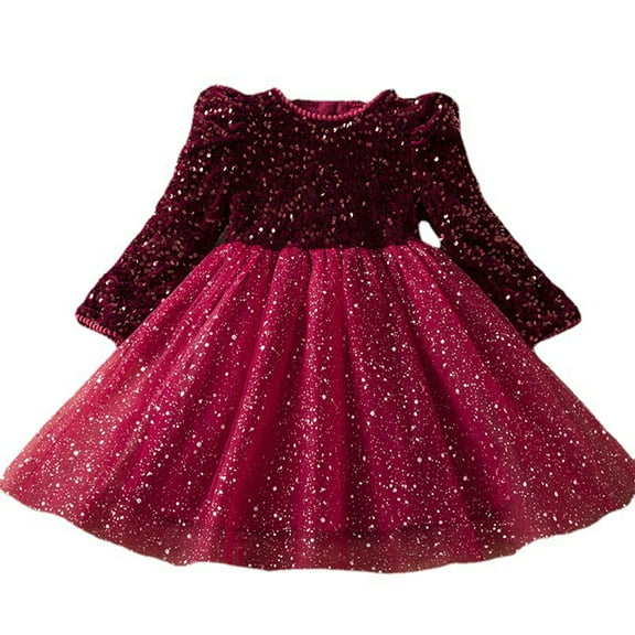 WOLLED 2-7 Years Toddler Girls Sequins Princess Dress Baby Splicing Tutu Dress Casual Long Sleeve Dresses for Kids