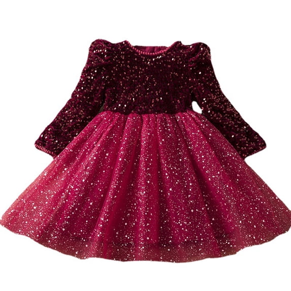 WOLLED 2-7 Years Toddler Girls Sequins Princess Dress Baby Splicing Tutu Dress Casual Long Sleeve Dresses for Kids