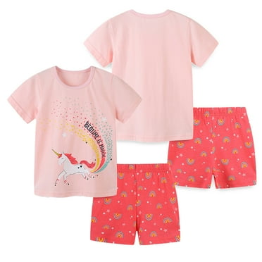 WOLLED 2-8 Years Girls Short Sleeve Outfit for Kids Baby Prints Crewneck Tees Set Toddler Summer Cotton 2PCS
