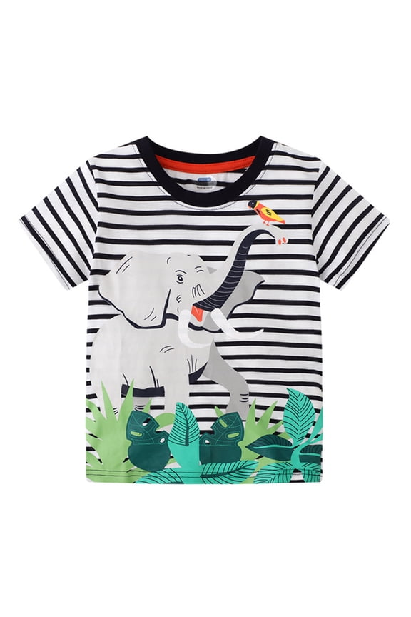 2-8T Infant Kids Boys Crewneck Striped Short Shirt Spring Casual Elephant Printed T-Shirt