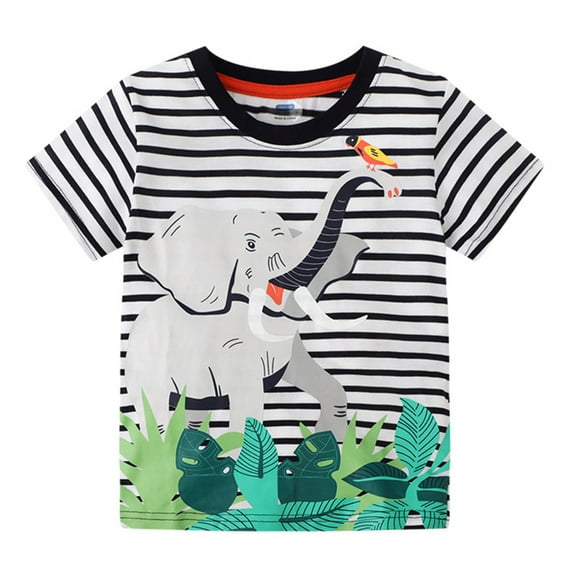 WOLLED 2-8T Infant Kids Boys Crewneck Striped Short Shirt Spring Casual Elephant Printed T-Shirt