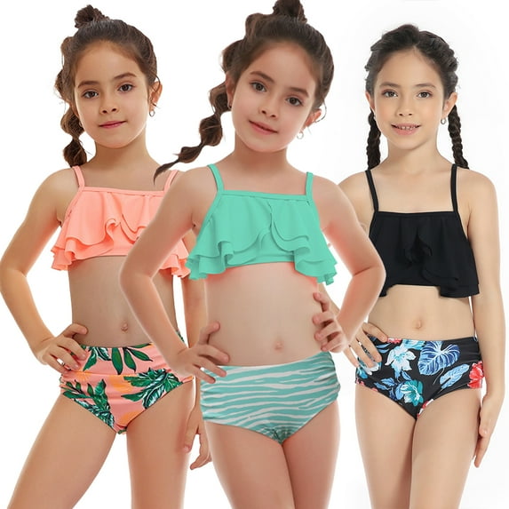 WOLLED 2 PCS Kids Girls Bikini Swimsuits Outfit Prints Halter Bathing Suit Toddler Summer Beach Swimwear Two Piece for 2-12 Years