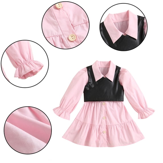 WOLLED 2PCS Baby Toddler Spring Fall Clothes Outfits for Girls 18M-6T Pink Long Sleeve Shirt Dress +PU Leather Vest Set