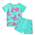 thumbnail image 1 of WOLLED 2PCS Kids Girls' Rash Guard Swimsuits Set Toddler Short Sleeve UPF50+ Sun Protection Two-Piece Shorts Drawstring Swimwear for 5-12 Years Old, 1 of 10