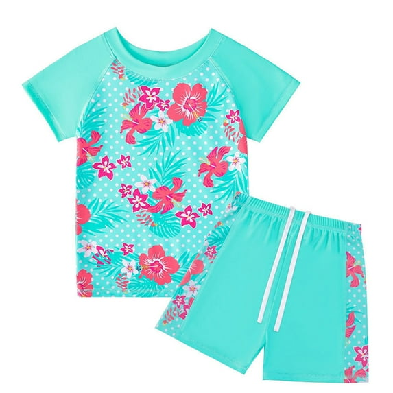 WOLLED 2PCS Kids Girls' Rash Guard Swimsuits Set Toddler Short Sleeve UPF50+ Sun Protection Two-Piece Shorts Drawstring Swimwear for 5-12 Years Old