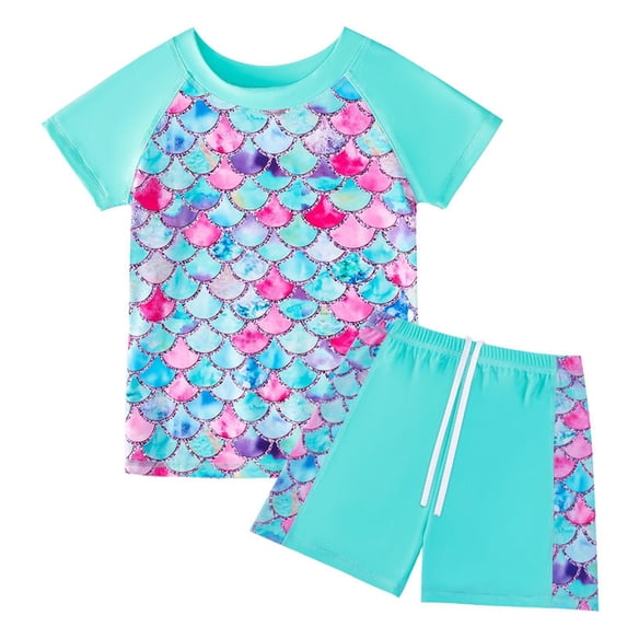 WOLLED 2PCS Kids Girls' Rash Guard Swimsuits Set Toddler Short Sleeve UPF50+ Sun Protection Two-Piece Shorts Drawstring Swimwear for 5-12 Years Old