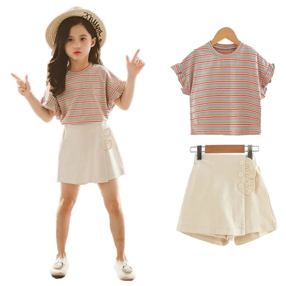 WOLLED 2PCS Kids Toddler Girls T-Shirt Outfit Teen Stripe Top Tees + Shorts Set Girls Short Sleeve Tees Outfit Summer Casual Versatile Tees Set for 4-14T